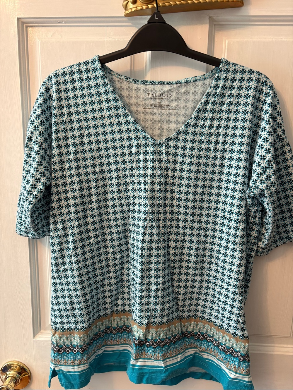 Talbots Teal and Cream Geometric V-Neck Tunic